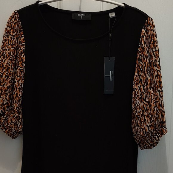 TAHARI KNITTED TOP ANIMAL PRINT SHEER PUFF SLEEVES SOLID BLACK BODY SIZE XS - Picture 1 of 8
